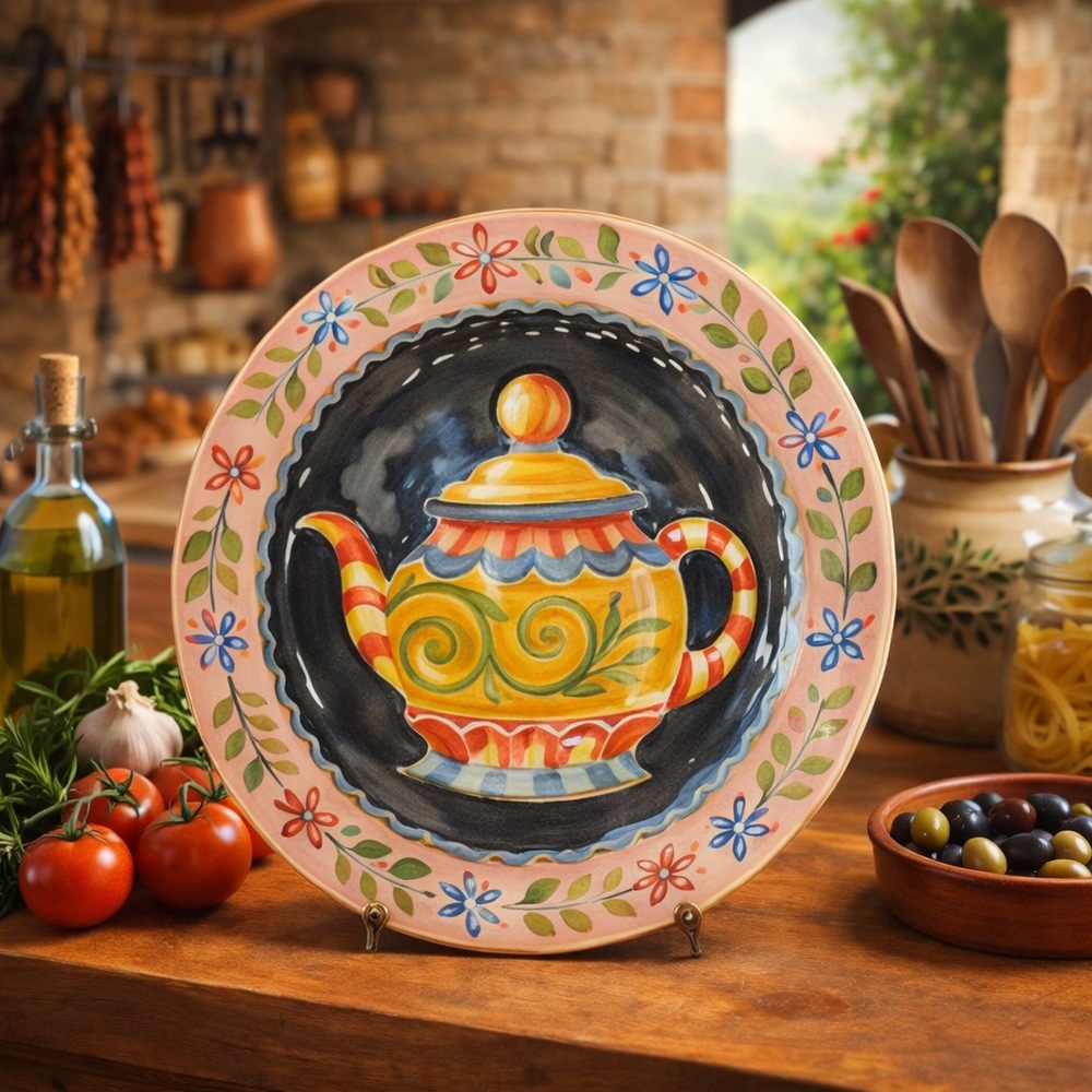 Hand Painted Italian Majolica Teapot Plate Pink Floral Folk Art Made in Italy